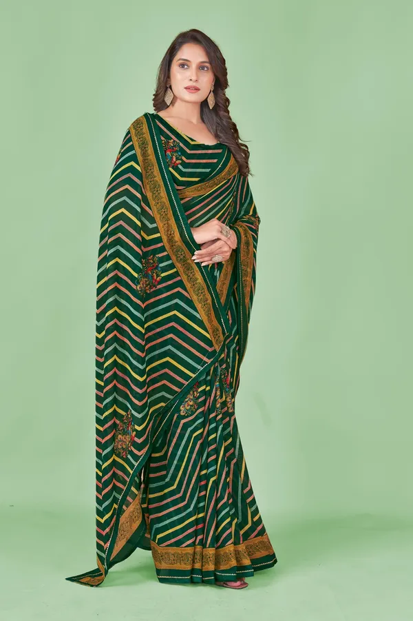 Green_And_Gold_Leheriya_Saree_With_Floral_Embroidery