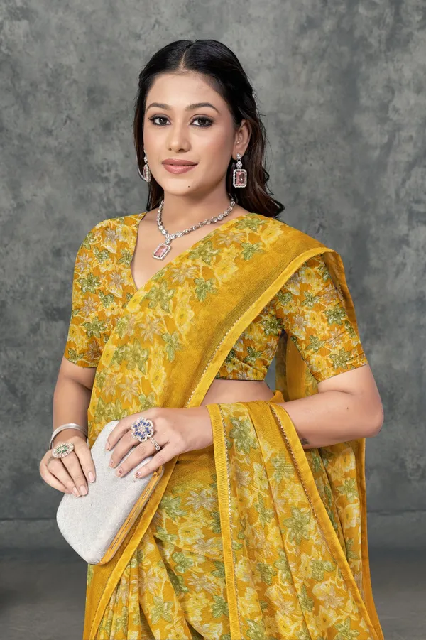 Yellow_Floral_Print_Georgette_Saree_With_Matching_Blouse