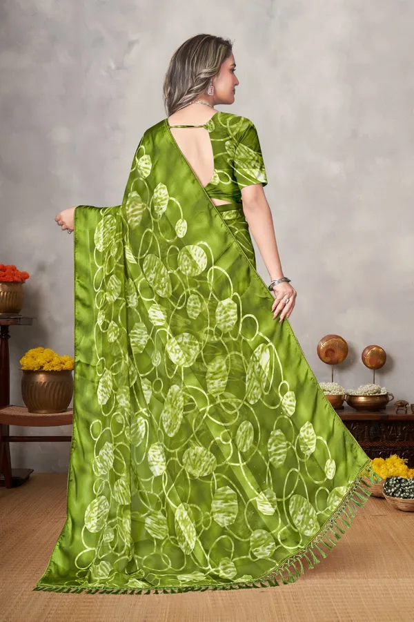 Olive_Green_Satin_Silk_Saree_With_Floral_Print