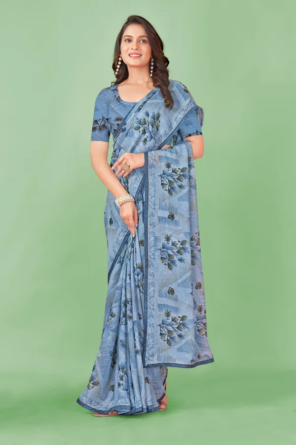 Blue_Floral_Printed_Georgette_Saree_With_Designer_Blouse