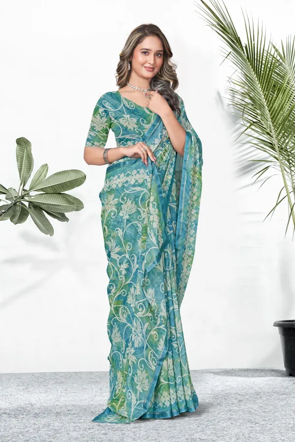 Turquoise_Blue_&_Green_Floral_Printed_Saree_With_Matching_Blouse