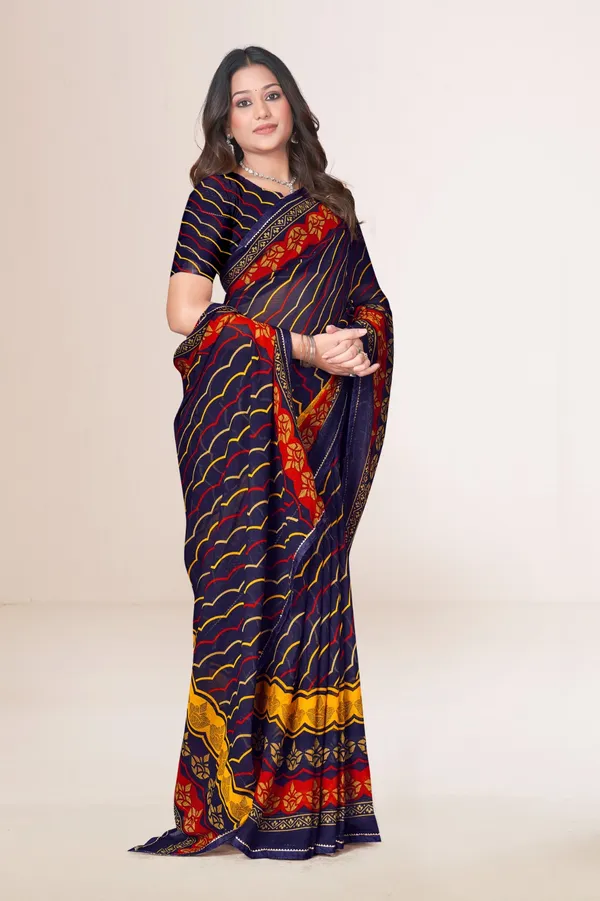 Navy_Blue_Lehariya_Print_Saree_With_Red_And_Yellow_Border