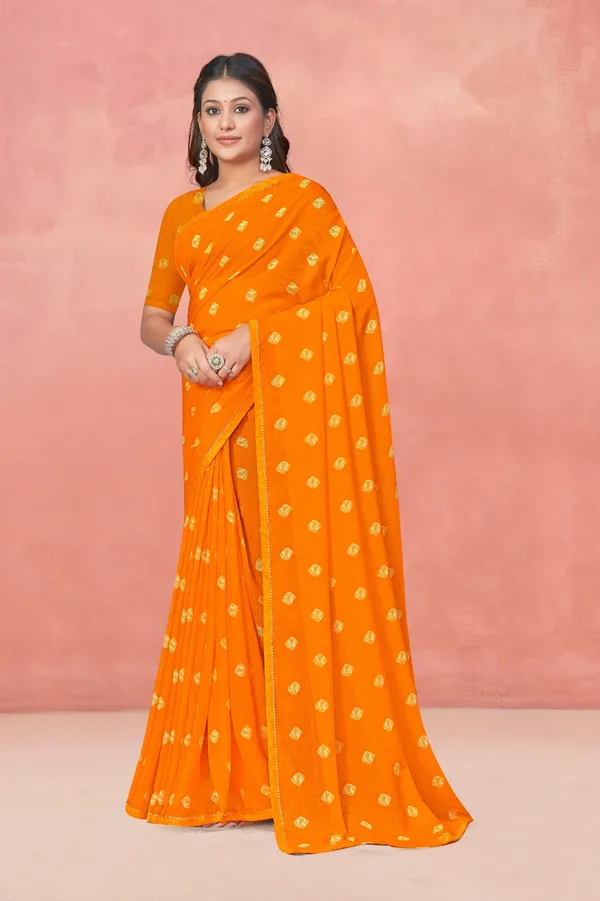 Orange_Bandhani_Georgette_Saree_With_Golden_Buttis