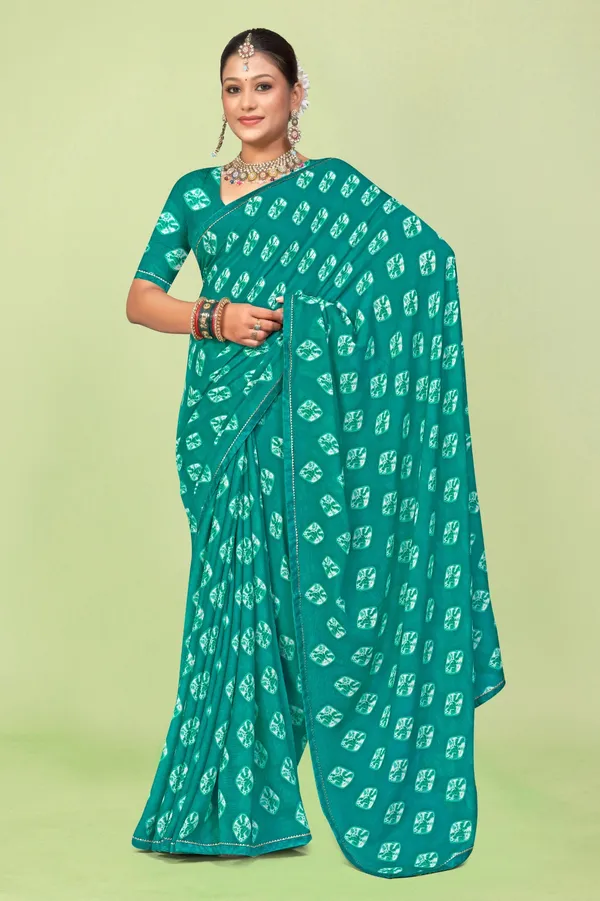 Teal_Green_Bandhani_Print_Saree_With_Blouse