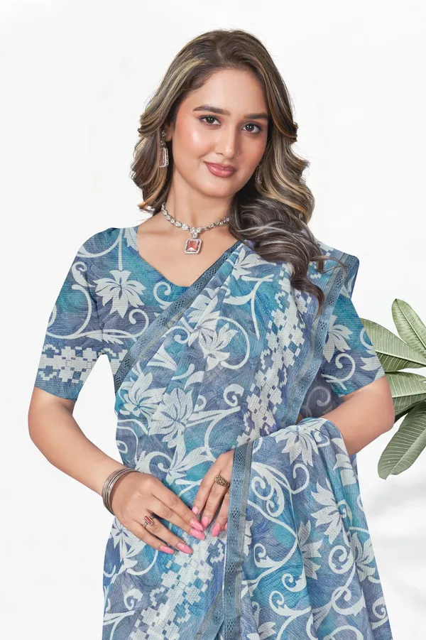 Blue_Floral_Print_Georgette_Saree_With_Embroidered_Border