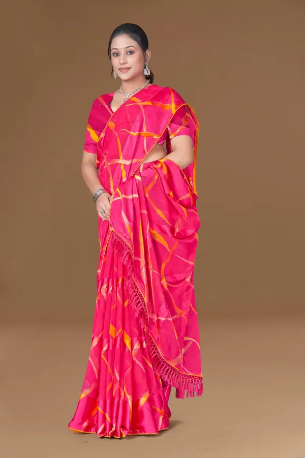 Vibrant_Pink_Leheriya_Print_Satin_Silk_Saree_With_Orange_Border_And_Tassels
