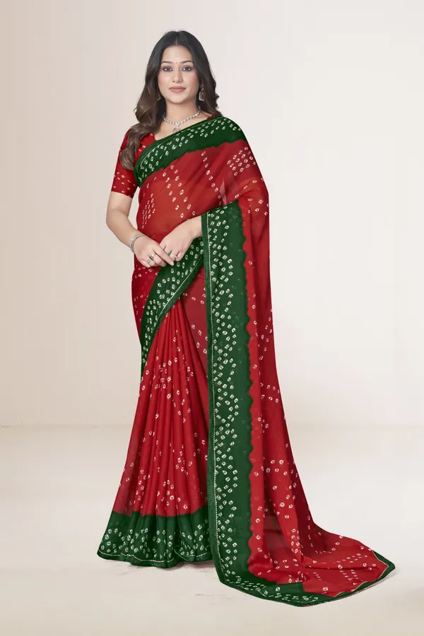 Red_And_Green_Bandhani_Saree_With_Traditional_Tie_Dye_Pattern