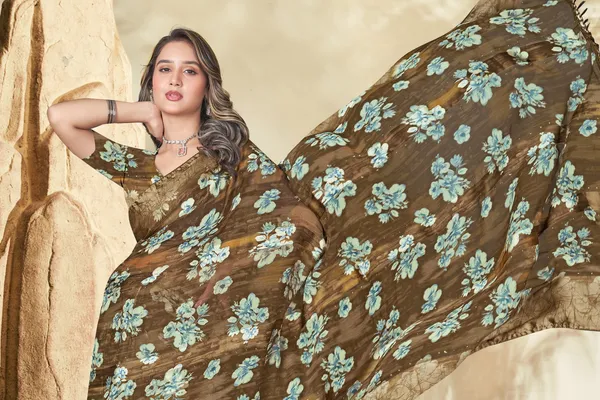 Elegant_Brown_Floral_Embroidered_Organza_Saree_With_Golden_Border