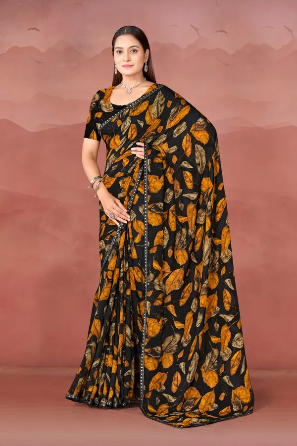 Black_Floral_Print_Saree_With_Mustard_Yellow_Accents
