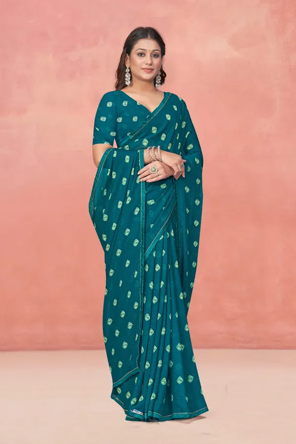 Teal_Green_Foil_Printed_Saree_With_Blouse