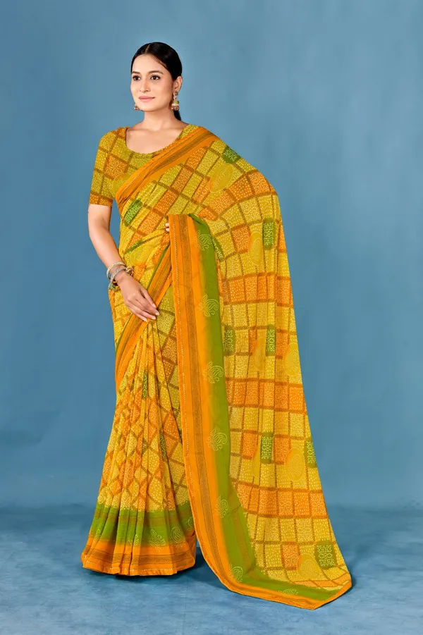 Women_Yellow_And_Green_Checkered_Bandhani_Saree_With_Blouse