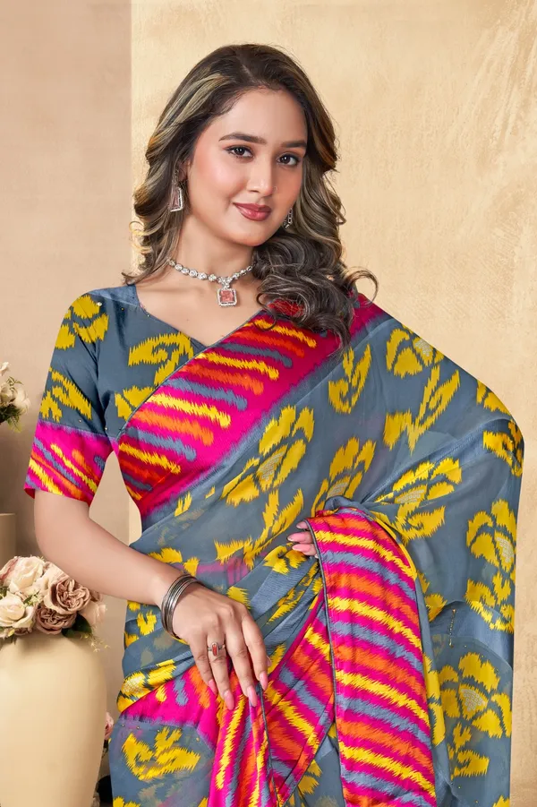 Grey_And_Yellow_Printed_Saree_With_Pink_Border