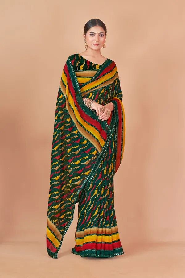 Traditional_Green_Bandhani_Print_Saree_With_Striped_Border