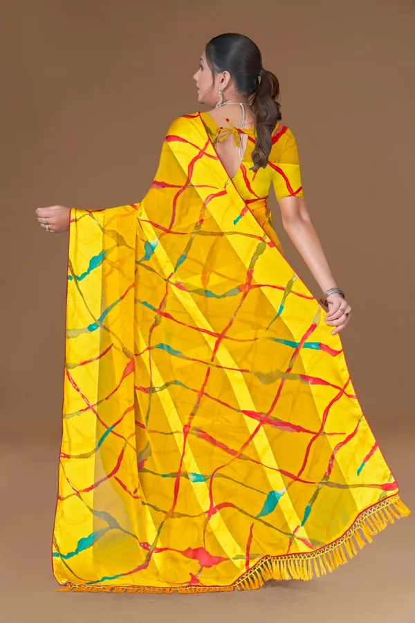 Bright_Yellow_Leheriya_Print_Saree_With_Multicolor_Stripes