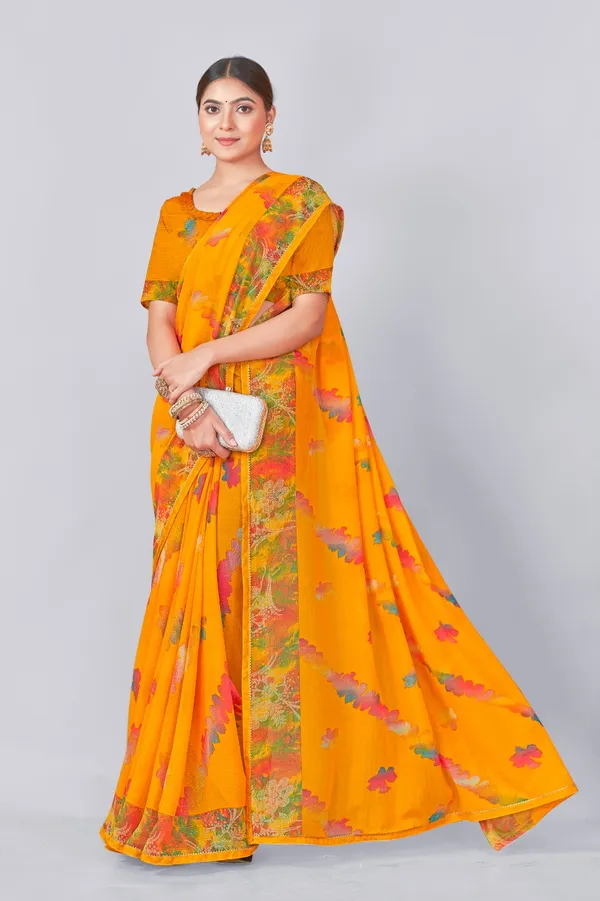 Vibrant_Yellow_Floral_Georgette_Saree_With_Contrast_Blouse