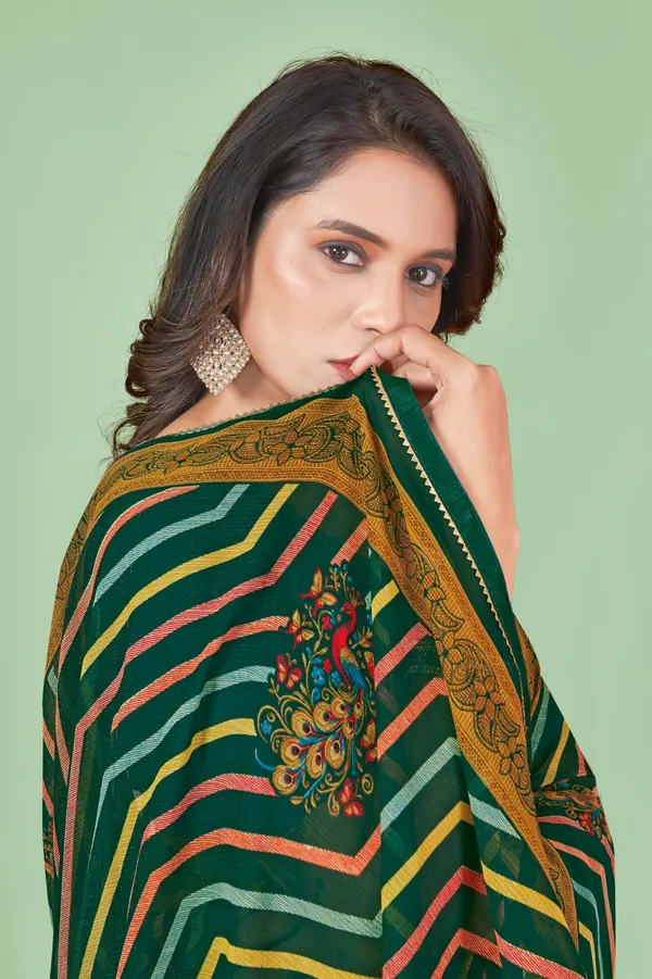 Green_And_Gold_Leheriya_Saree_With_Floral_Embroidery