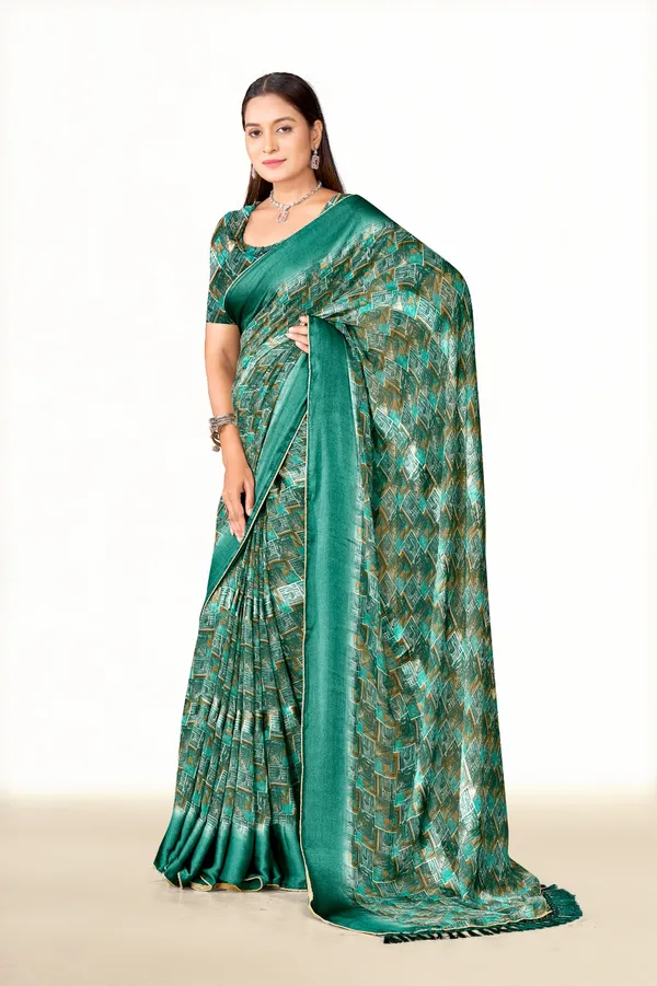 Green_Geometric_Print_Silk_Saree_With_Matching_Blouse