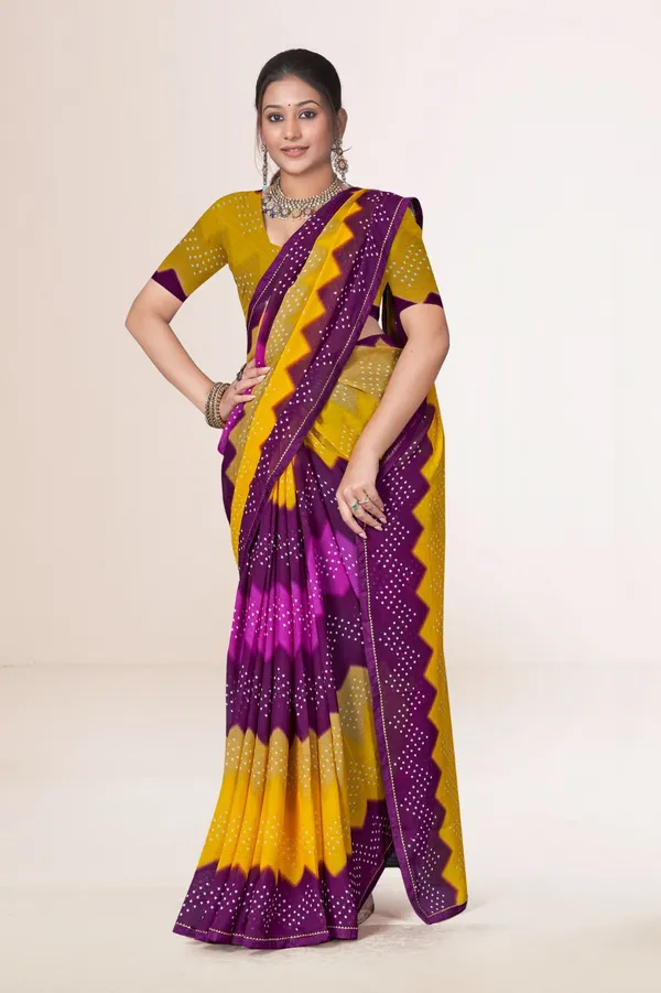 Yellow_And_Purple_Bandhani_Tie_Dye_Saree_With_Border