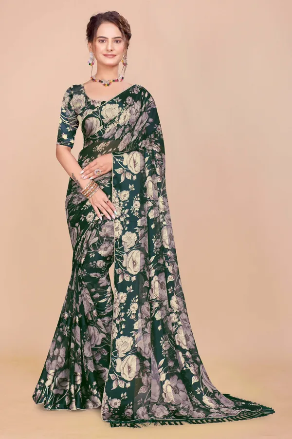 Dark_Green_Floral_Print_Saree_For_Women