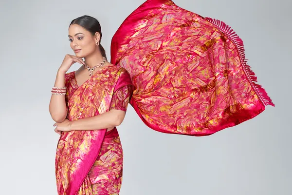 Pink_And_Gold_Printed_Silk_Saree_With_Matching_Blouse