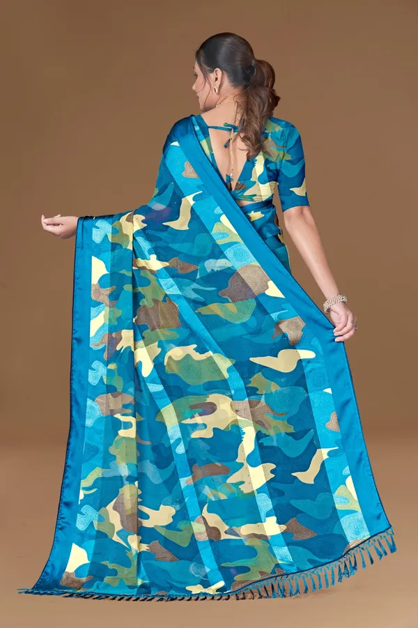 Blue_Camouflage_Print_Silk_Saree_With_Matching_Blouse_And_Tassel_Border