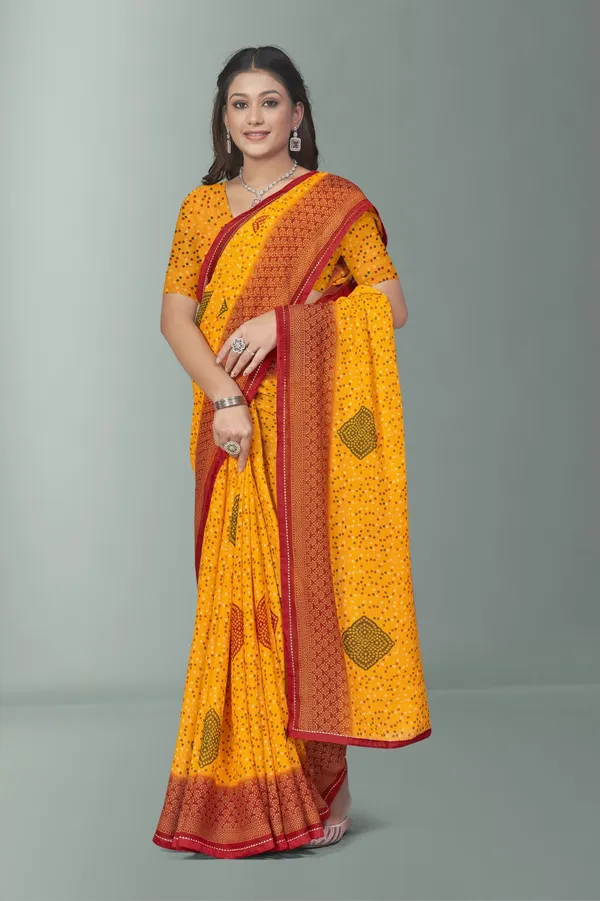 Yellow_Bandhani_Print_Saree_With_Red_Border_And_Blouse