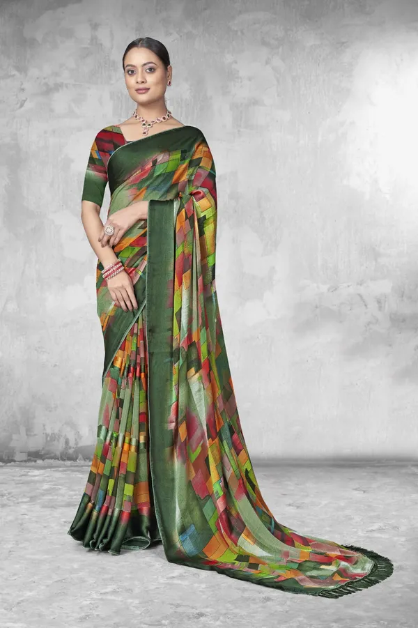 Multicolor_Pixelated_Geometric_Print_Satin_Silk_Saree_With_Dark_Green_Border