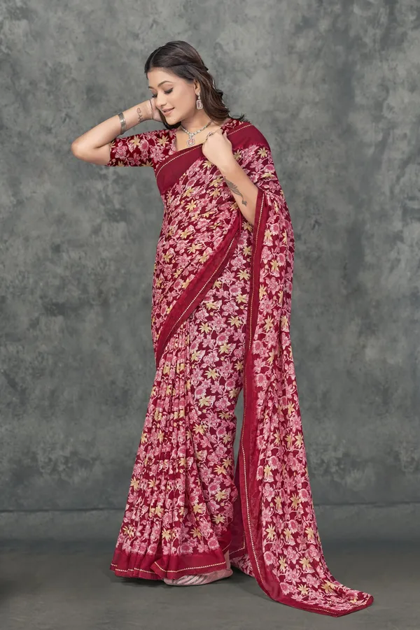 Pink_Floral_Print_Georgette_Saree_With_Maroon_Border