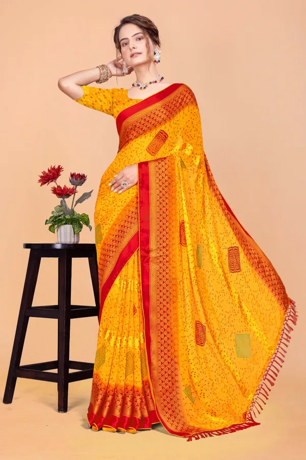 Yellow_Bandhani_Print_Saree_With_Red_Border