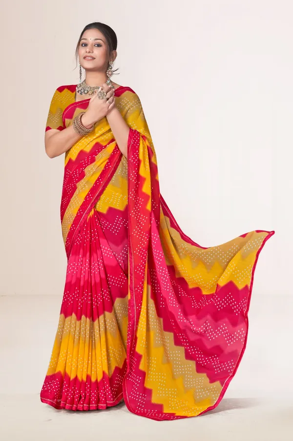 Bandhani_Print_Georgette_Saree_With_Blouse_-_Yellow_And_Pink