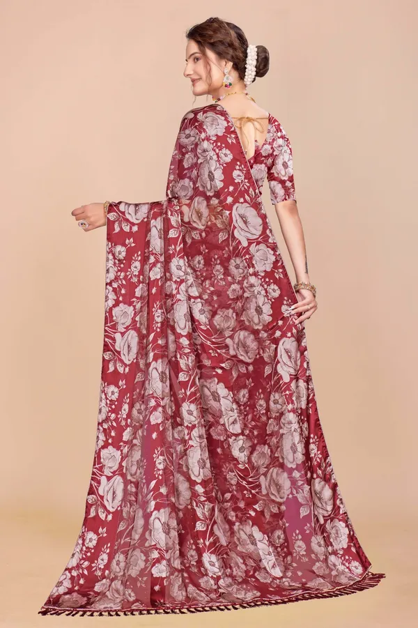 Maroon_Floral_Print_Saree_With_Matching_Blouse