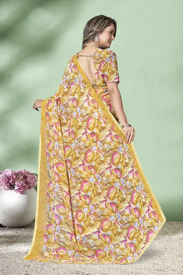 Yellow_Floral_Print_Saree_With_Matching_Blouse