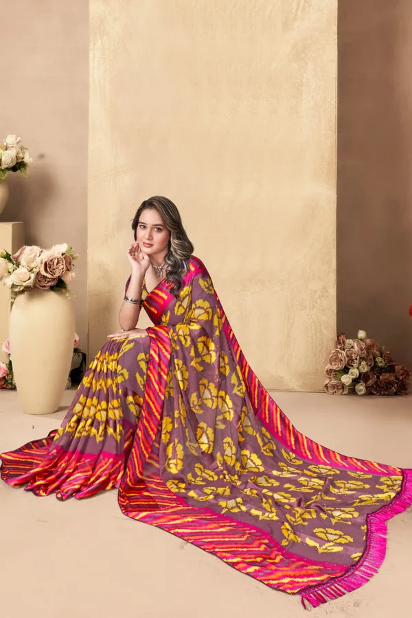 Traditional_Brown_&_Yellow_Printed_Silk_Saree_With_Pink_Border