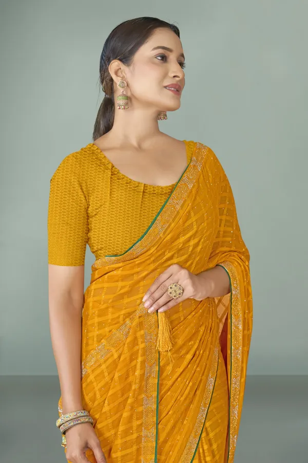 Mustard_Yellow_Checkered_Chiffon_Saree_With_Blouse