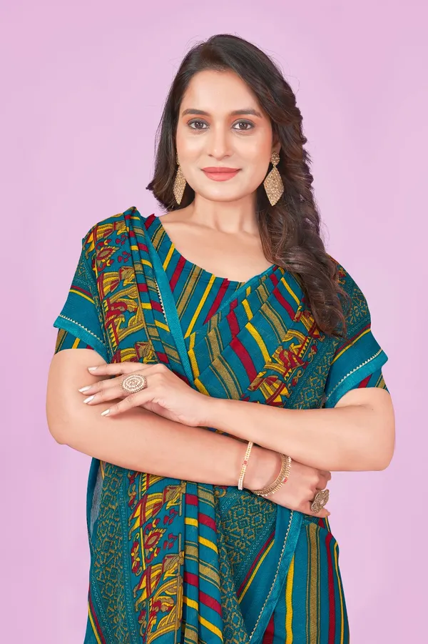 Teal_Multicolor_Striped_Printed_Saree_With_Blouse