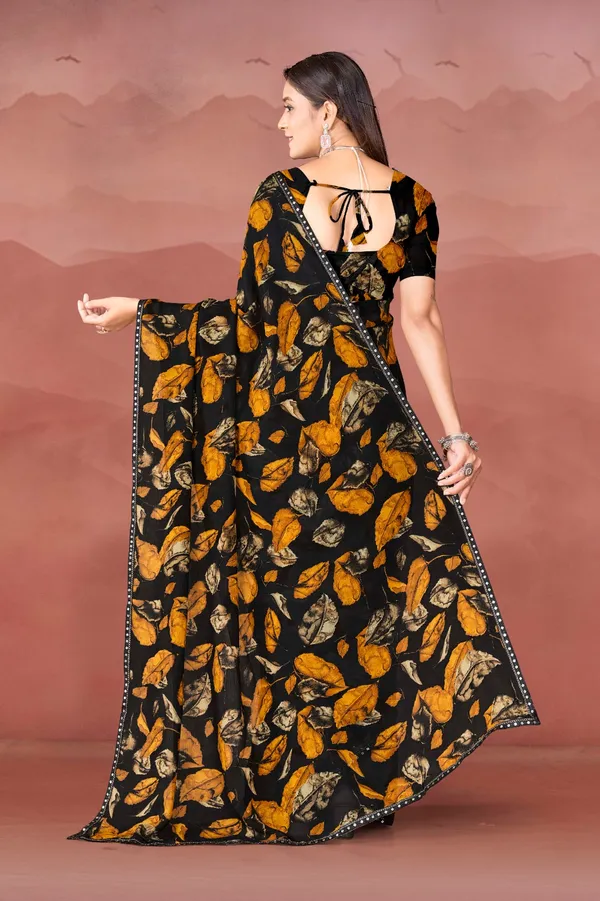 Black_Floral_Print_Saree_With_Mustard_Yellow_Accents
