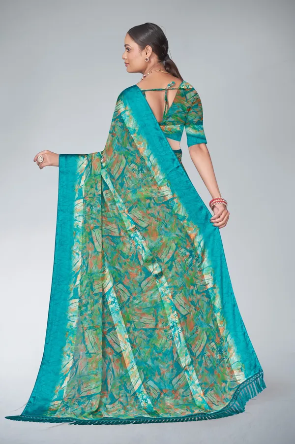Turquoise_Green_Abstract_Print_Saree_With_Woven_Border_And_Tasseled_Pallu