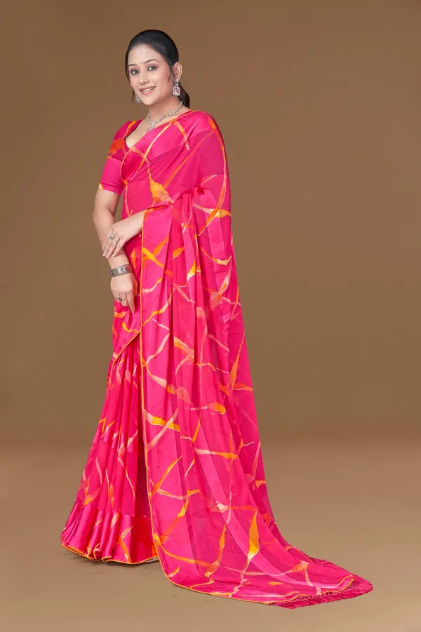 Vibrant_Pink_Leheriya_Print_Satin_Silk_Saree_With_Orange_Border_And_Tassels