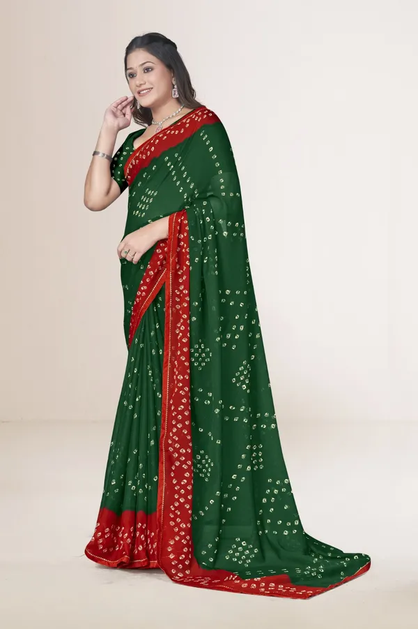 Green_And_Red_Bandhani_Saree_With_Traditional_Tie_Dye_Pattern