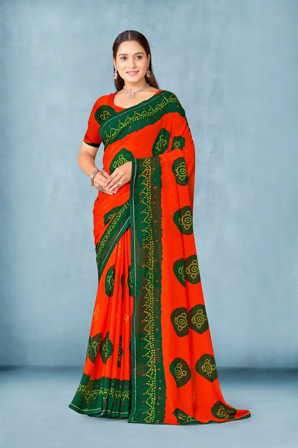Orange_And_Green_Bandhani_Print_Saree_With_Embellished_Border