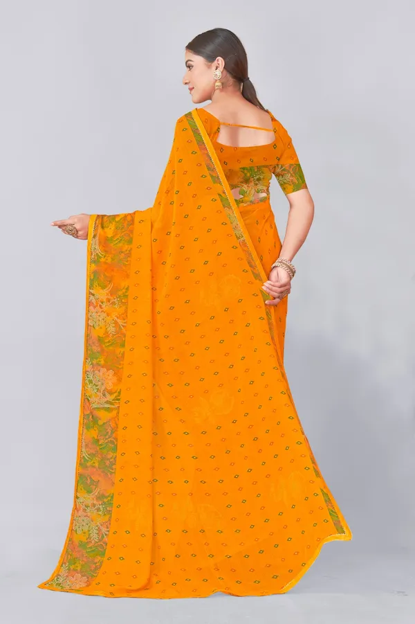 Vibrant_Orange_Saree_With_Green_Floral_Border_And_Embellished_Blouse
