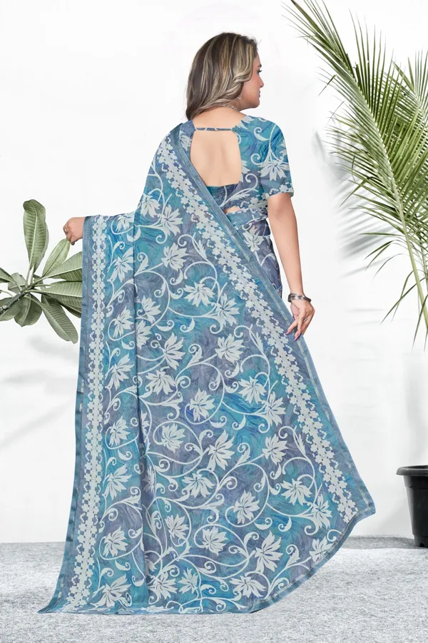 Blue_Floral_Print_Georgette_Saree_With_Embroidered_Border