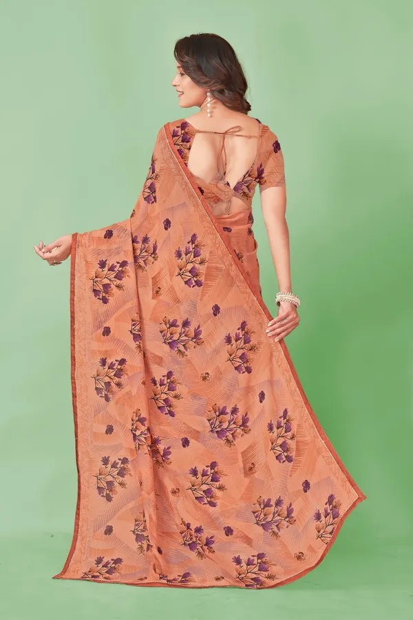 Peach_Floral_Print_Saree_With_Matching_Blouse