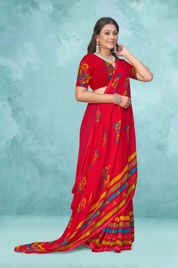 Vibrant_Red_Printed_Saree_With_Colorful_Border_And_Matching_Blouse