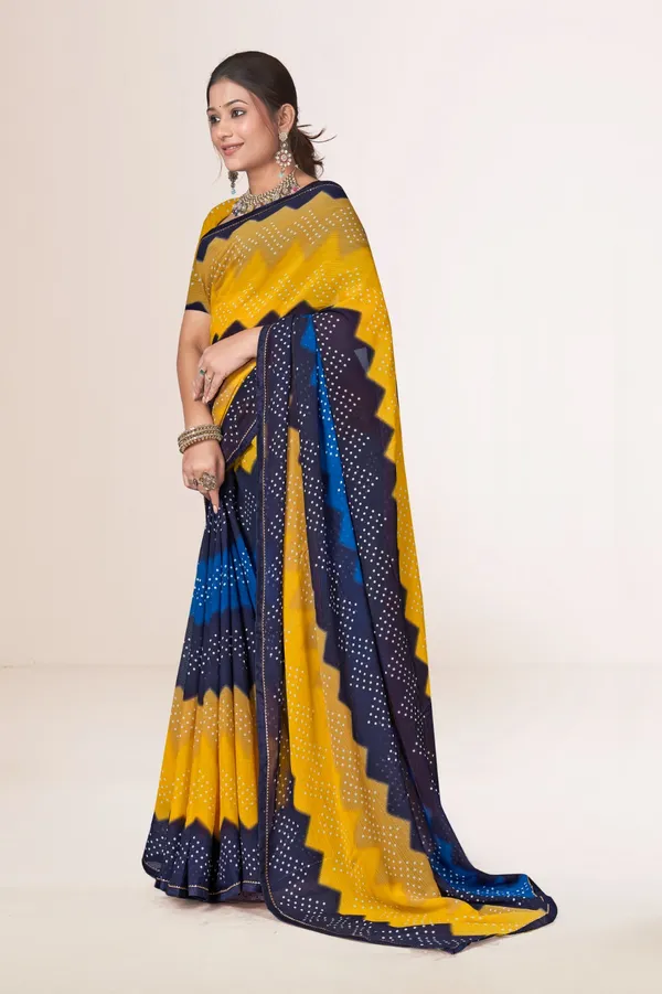 Traditional_Bandhani_Saree_In_Yellow_And_Navy_Blue_With_Tie_Dye_Pattern