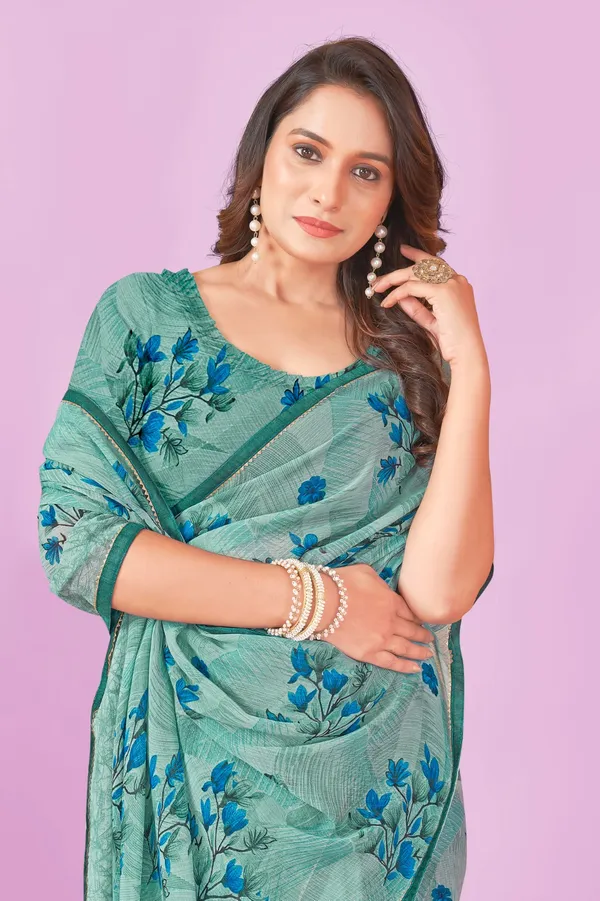Elegant_Teal_Green_Floral_Print_Saree_With_Blouse