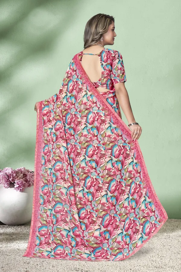 Pink_Floral_Print_Saree_With_Matching_Blouse