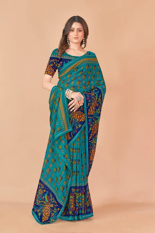Traditional_Turquoise_And_Blue_Printed_Cotton_Silk_Saree_With_Peacock_Border