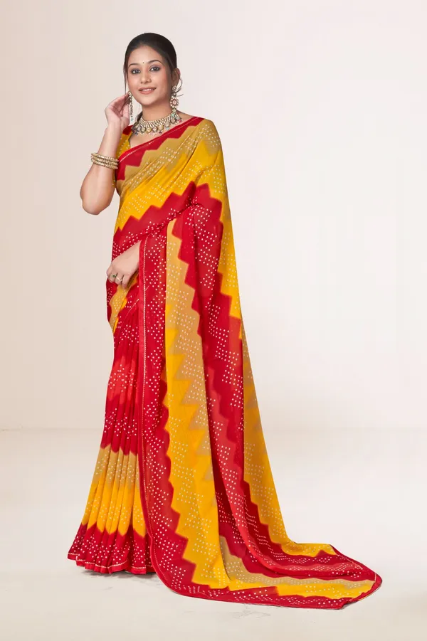 Traditional_Bandhani_Saree_In_Red_And_Yellow_With_Zigzag_Pattern