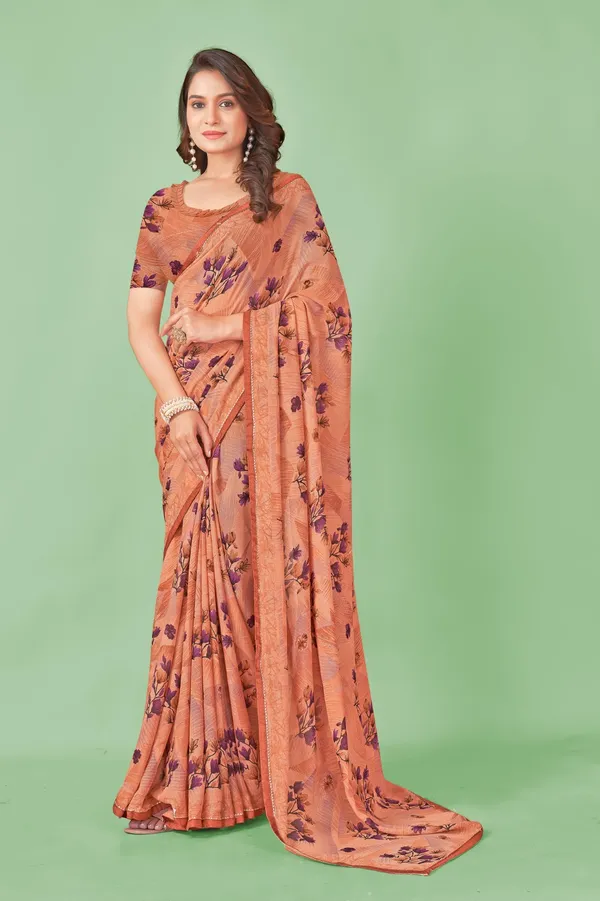Peach_Floral_Print_Saree_With_Matching_Blouse
